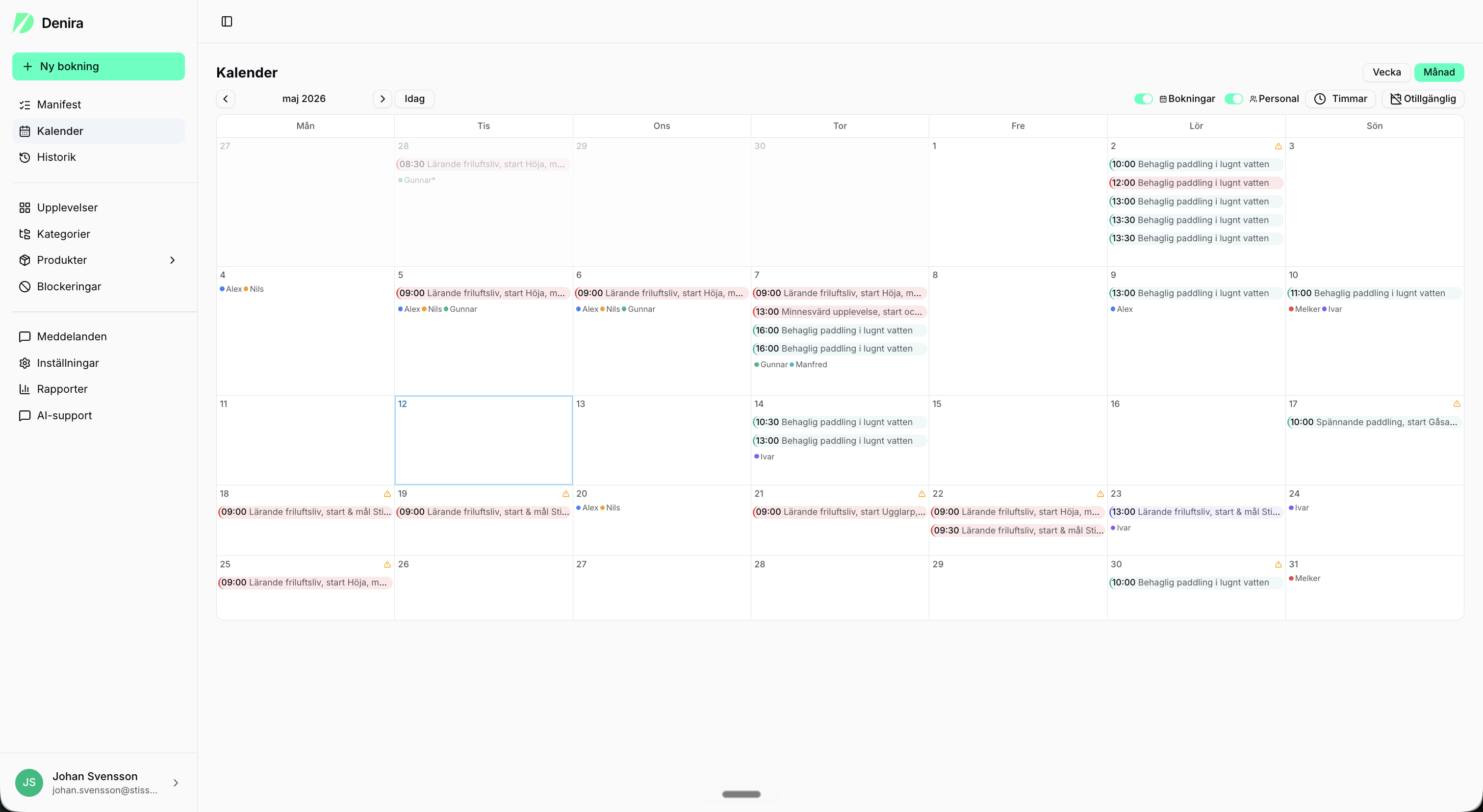 Upplevelseföretag kalender i Deniras adminpanel