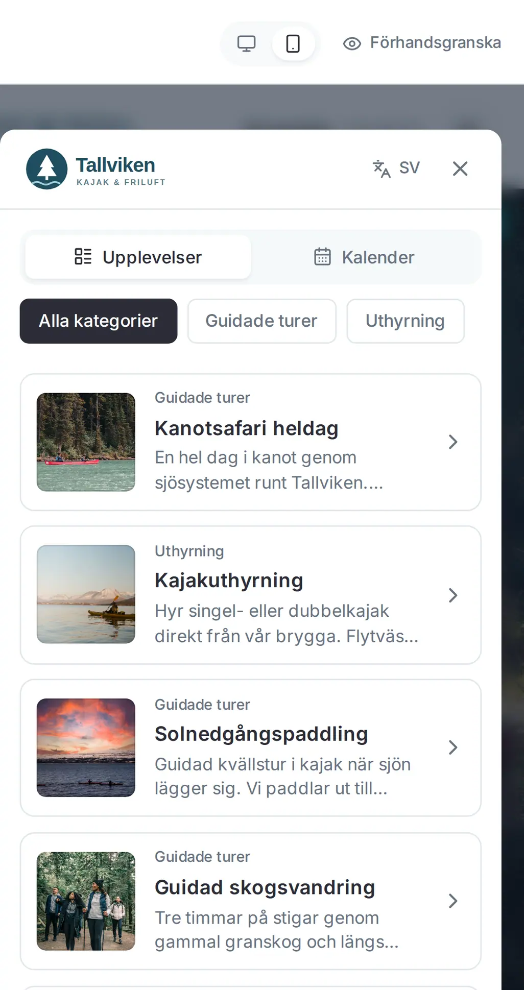 En hemsida som byggs i Denira, med bokningen öppen på sidan.